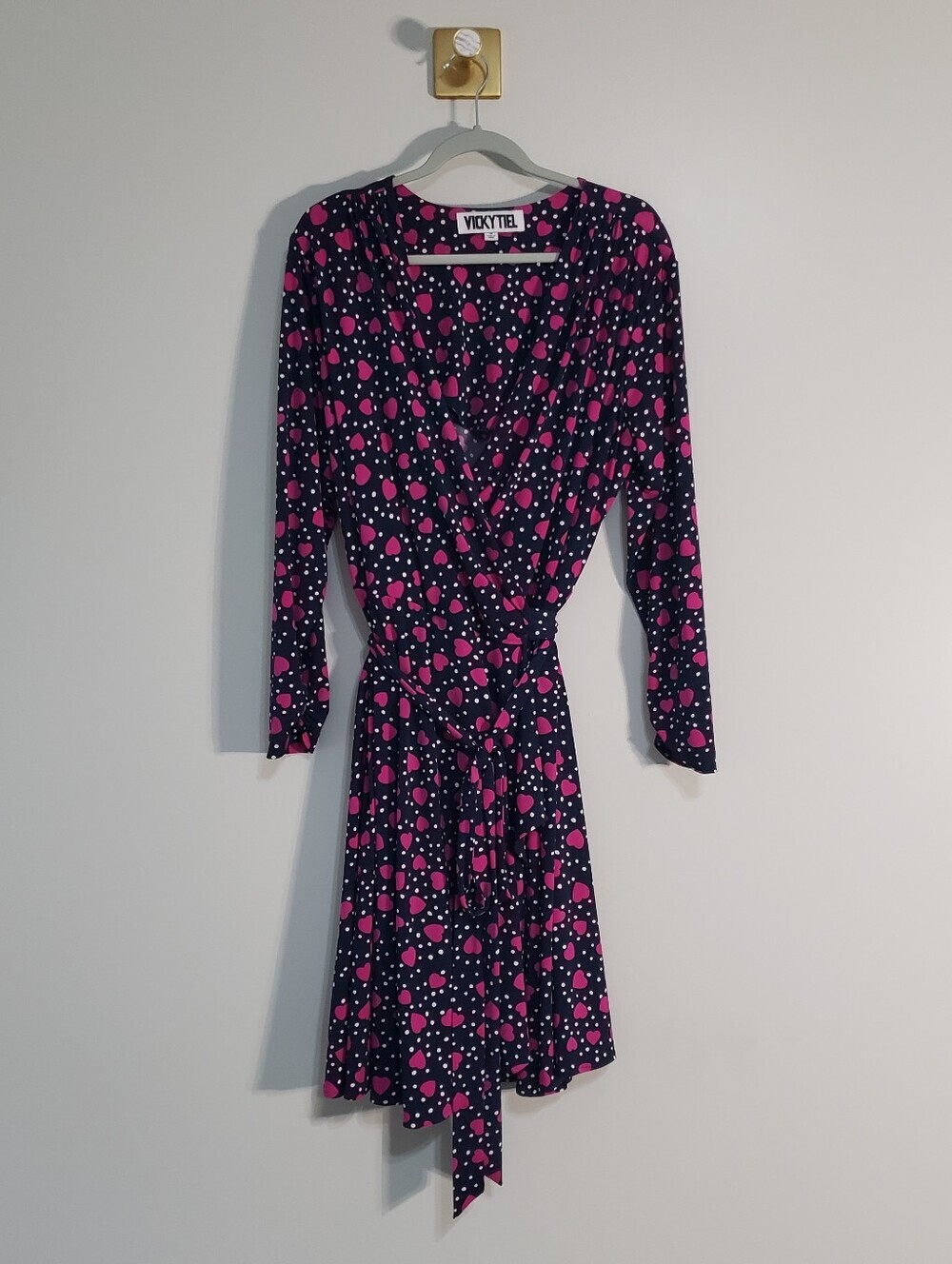 Vicky Tiel Vintage 80s Heart Polka Dot Midi Wrap Dress 1X Navy Blue Pink White